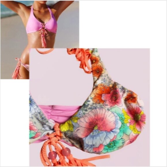 Victoria’s Secret Reversible Boho Bikini TOP floral and pink Top S New w/o tag - Picture 1 of 9